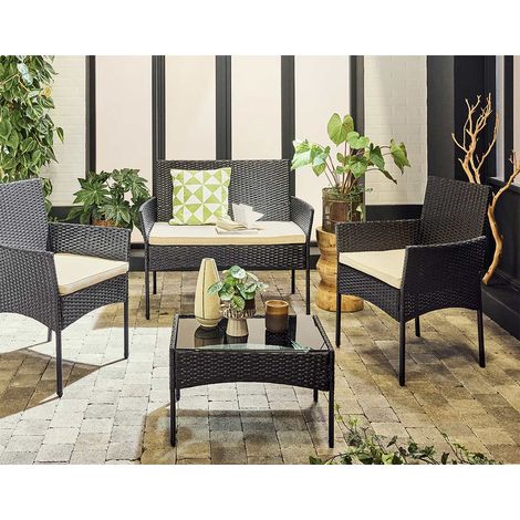 Marbella - gartenmöbel 4 personen - aus geflochtenem rattan - schwarz mit beigen kissen - schwarz / weiß (1/5)