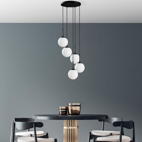 Élégant lustre noir, hauteur réglable 40-115 cm, corps en métal, capuchon Ø 15 cm, 5 ampoules E14 max. 40 W, pour les espaces de vie modernes, indice IP20 (1/5)