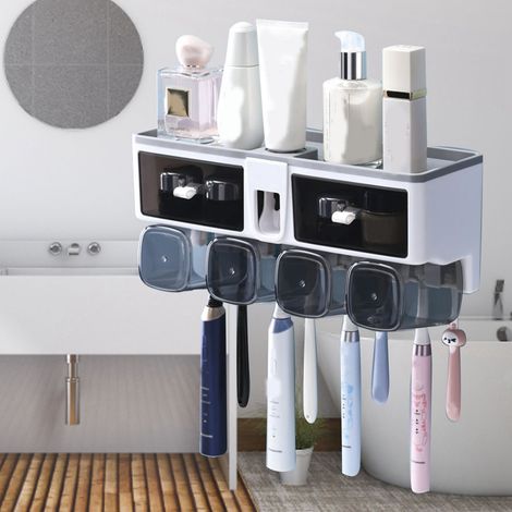 Porte-brosses à dents, gobelet pour bain de bouche, boîte de rangement murale pour salle de bain, sans perçage, ensemble de quatre gobelets, blanc (1/5)