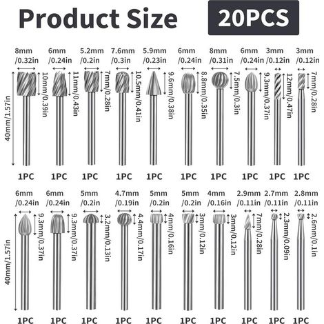 20 Pièces Fraises Rotatives HSS 3 mm Tige, Fraises en Carbure Compatible avec Dremel, Embouts Outils Rotatifs pour Sculpture Bois Gravure Métal Meulage Polissage Perçage Coupe Travail