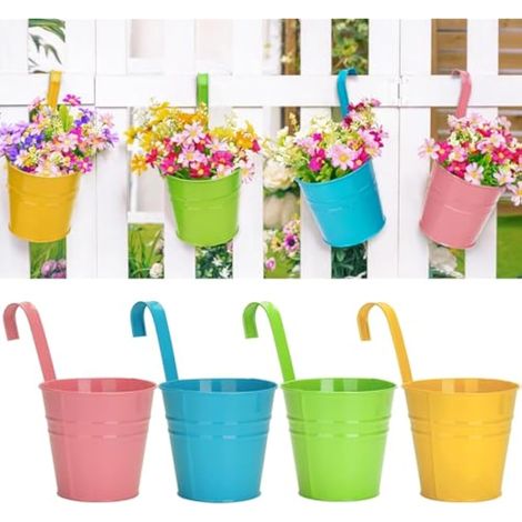4 Pots de Fleurs Métalliques Suspendus 10 cm pour Intérieur, Extérieur, Balcon ou Clôture – Crochets Amovibles – 4 Couleurs (1/5)