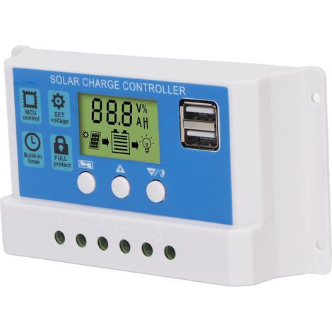 Régulateur de charge solaire PWM intelligent avec écran LCD réglable et 2 ports USB (12 V/24 V, blanc, 10 A) (1/5)