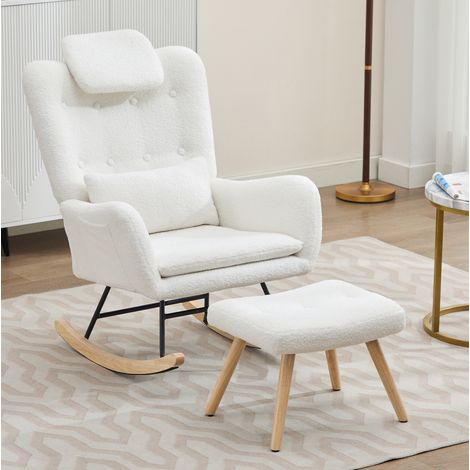 Sillón mecedora 73x92x102 cm blanco en Lammfell-Optik con reposapiés, cojines cervical y lumbar (1/5)