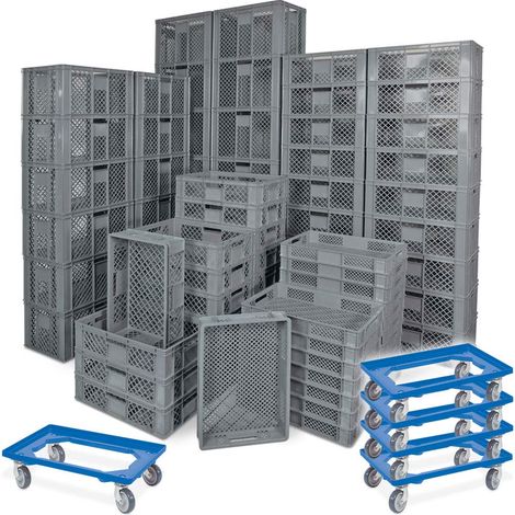 BRB 78 Stück Stapelkörbe/Bäckerkästen in 5 Größen, Grundmaß LxB 600x400 mm, H 90 mm, 150 mm, 240 mm, 320 mm, 410 mm, + 5x Transportroller blau (grau)