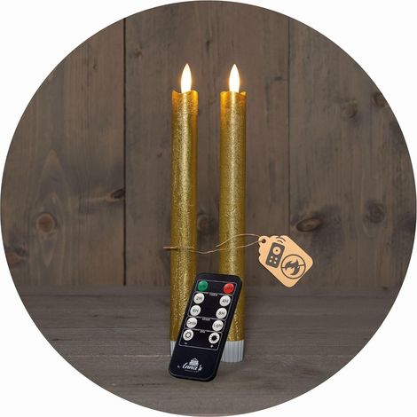 Bougies coniques LED avec minuterie GOLD Lot de 2 pour l'intérieur avec fonction minuterie 6 heures VRAIE CIRE Hauteur 18 cm pour les bougies