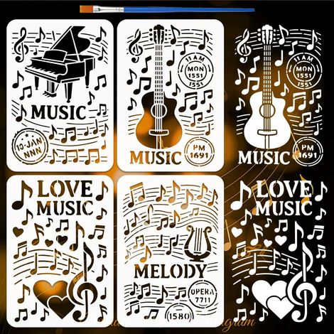 4pcs Pochoirs Notes de Musique avec Pinceau 29.7x21cm 4 Styles Pochoirs Instruments de Musique Réutilisables Pochoir Piano et Guitare pour Peinture sur Meuble Bois Toile Papier Mur Tissu (1/5)