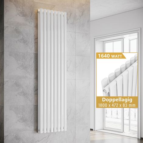 ELEGANT Design Heizkörper Weiß Doppellagig Röhrenheizkörper Oval Mittelanschluss Paneelheizkörper Vertikal 1800x472mm 1640Watt