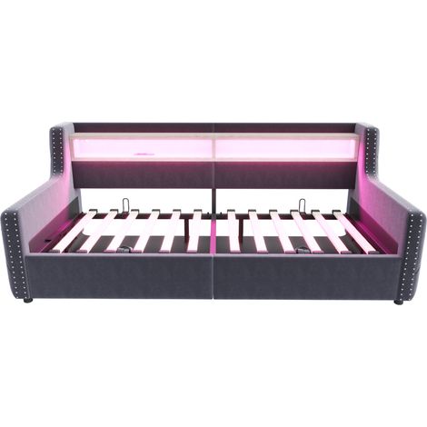 Divano letto capitonné 90 x 200 cm con contenitore idraulico, LED, presa e USB-C, grigio scuro (1/5)