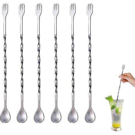 Cuillère à mélanger en spirale, cuillère à cocktail, cuillère à mélanger à manche en spirale avec fourchette pour la maison et le bar, lot de 6 (304 cuillères à cocktail à manche court de 26 cm)