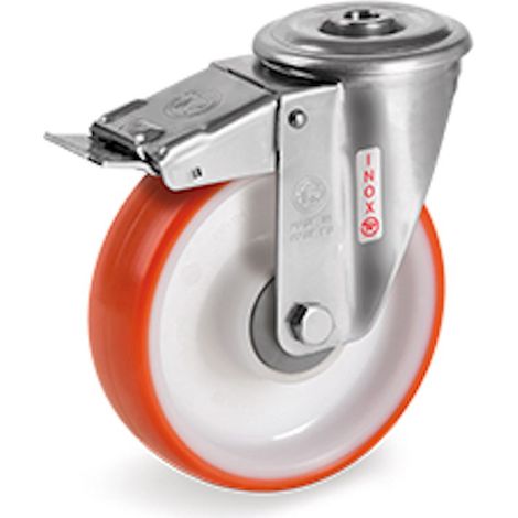 Roulette à oeil INOX pivotante à frein diamètre 125 mm roue polyuréthane rouge roulement à billes - 220 Kg