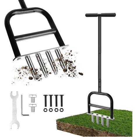 Stainless Steel Lawn Aerator – Lawn Scarifier with 4 Teeth, Lawn Aerator for Gardens, Sports Fields, and Green Spaces (1/5)