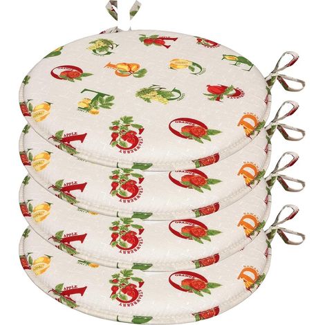 Set 4 Cuscini Sedia Rotondi Cotone Lavabili Morbidi Coprisedie Tondi Lettere & Frutta