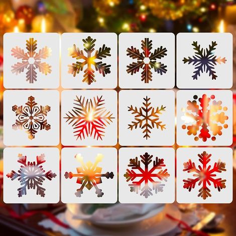 12 Pochoirs Flocon de Neige de Noël en Plastique pour Peinture, Dessin, DIY, Fenêtres, Murs, Cartes, Scrapbooking et Tampons (1/5)