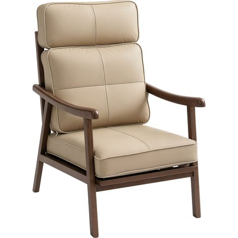 Wohnzimmersofa mit PU-Bezug und Holzrahmen, dick gepolsterte Kissen, Khaki- und Walnussholz