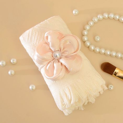 Serviette Main Coton - 74 x 33 cm - Bordure Fleurie et Pompons - Blanc Marron Rose - Lot de 1 (1/5)