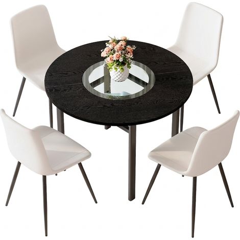 Ensemble table ronde noire avec 4 chaises blanches, table à manger ronde 100 cm pour 2 à 4 personnes, verre et métal (1/5)