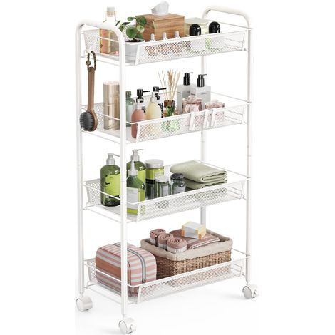 Chariot de rangement à 4 niveaux - Chariot de rangement en maille - Chariot de rangement mobile - Chariot de rangement pour chambre à coucher, cuisine, salle de bain, salon - Métal - Blanc (1/5)