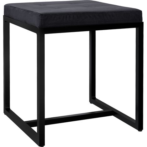Sgabello imbottito di design con seduta in velluto nero trapuntato e struttura in metallo nero 100008737