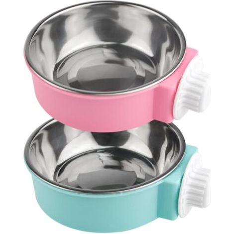 QORVA-Lot de 2 gamelles Amovibles en Acier Inoxydable à Suspendre pour Animaux de Compagnie, gamelles pour Nourriture et Eau, parfaites pour Chats, Chiots, Oiseaux, Rats, furets (Rose + Bleu)