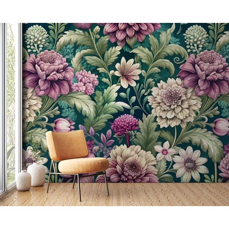 Papier peint fleuri - dahlias champêtres vintage - 150 x 250 cm (1/2)