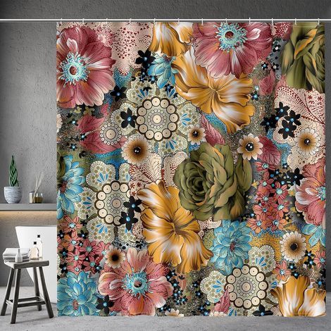Cortina de ducha bohemia floral con estampado de flores multicolores, cortina de ducha de estilo étnico bohemio con 12 ganchos para accesorios de decoración de baño, cortina de baño (1/5)