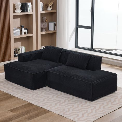 Canapé d'angle en polyester noir avec assise à ressorts ensachés et 2 coussins, 233x129x70 cm (1/5)