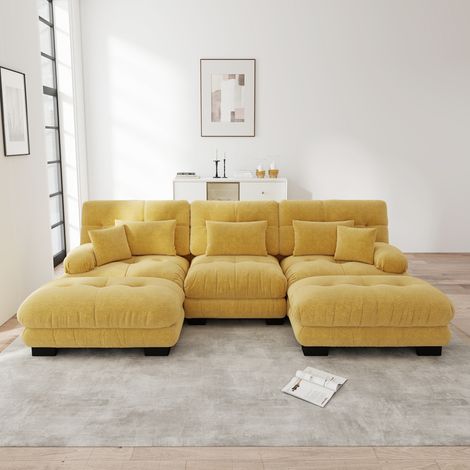 Sofá modular en chenilla amarilla con otomanas móviles, diseño en U/L/recto y asiento profundo (1/5)