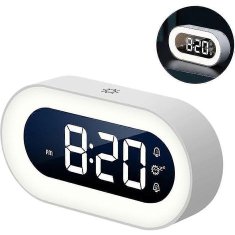 Réveil numérique LED lumineux avec fonction snooze, blanc, idéal pour une utilisation sur la table de chevet des étudiants. (1/5)