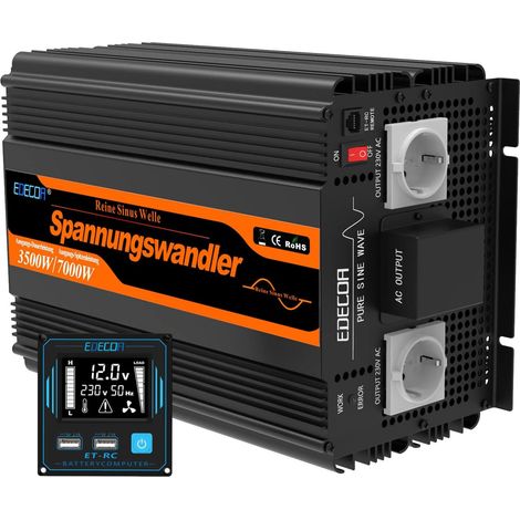Edecoa – Convertisseur de tension 12V 3500W – Onde sinusoïdale pure – Télécommande incluse – Compatible avec batteries et systèmes solaires (1/4)