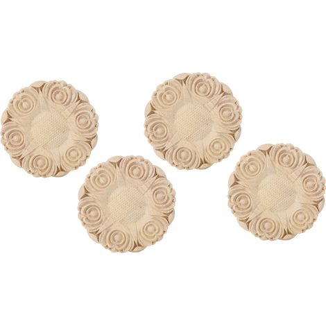 Lot de 4 appliques rondes en bois sculpté de 10 cm pour la décoration de meubles et d'armoires. (1/5)