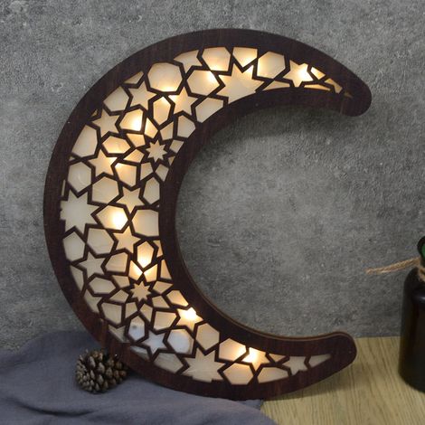 Lanterne Ramadhan - Décoration LED en Bois avec Motif Étoile et Motif Mubarak - Pour Chambre Salon ou Extérieur - 1 Pièce
