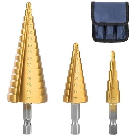 3-teiliges Stufenbohrer-Set, HSS-Titan, konisches Dreieck, mit Sechskantschaft zum Bohren in Stahl, Messing, Holz, Kunststoff, 4-12/20/32 mm - (1/5)