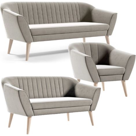 SOFELLO Sofa Set KAYA 3+2+1 in Samt Beige – Skandinavisches Design Vertikale Steppung Holzfüße Premium Qualität Couchgarnitur (1/4)