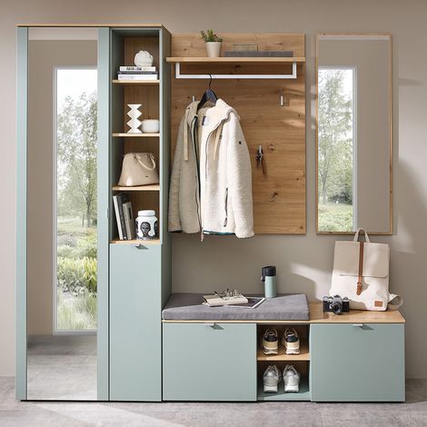 Garderoben Set mit Garderobenschrank grün matt mit Eiche BLISS-36, 4-teilig (1/5)