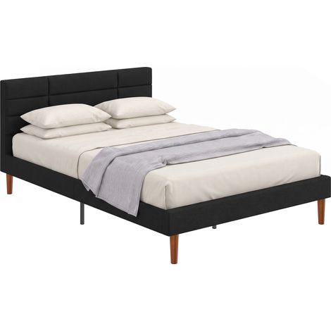 Cadre de lit double 140x200 en bois effet lin noir, sommier intégré, coffre de rangement sous le lit, structure silencieuse et robuste. (1/5)