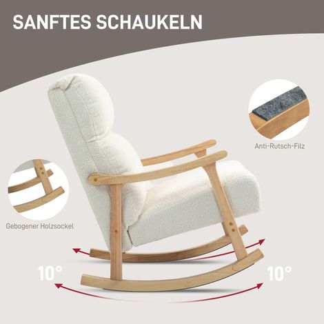 Fauteuil berçant en tissu velours blanc crème, dossier ergonomique, charge max 120 kg, dimensions 65x90x98 cm