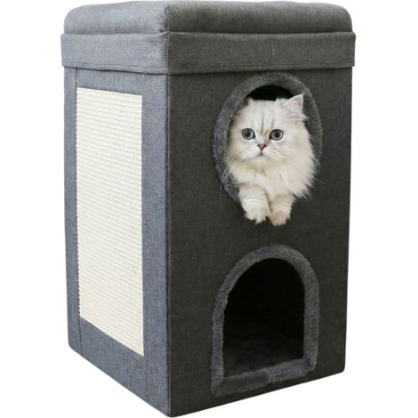Niche maison pour chat pliable sur 2niveaux 39x64cm Gris Mona (1/5)