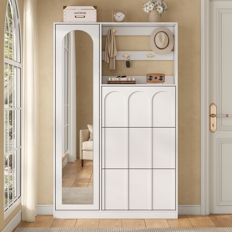 Mueble de entrada - 100 x 24 x 164 cm - recibidor con espejo zapatero 3 puertas colgadores diseño sin tiradores estilo moderno mdf - blanco (1/5)