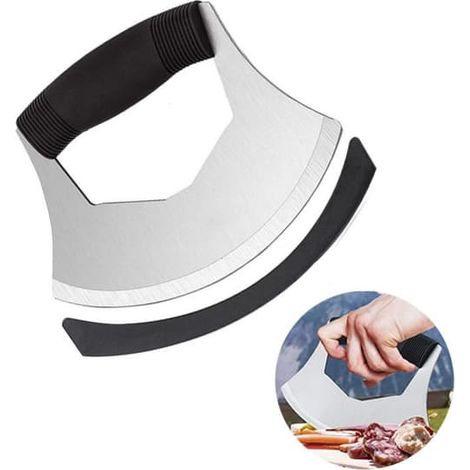 Coupe-pizza en acier inoxydable, couteau Ulu tranchant comme un rasoir, trancheuse, hachoir, couteau Mezzaluna, hachoir à salade et légumes avec poignée ergonomique anti-sabotage améliorée. (1/5)