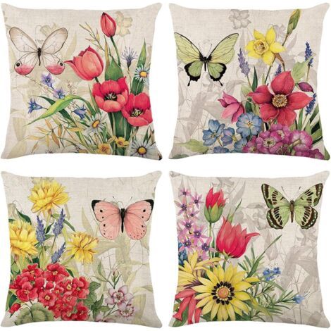 QORVA-Housse de coussin (fleur-lin), taie d'oreiller 45x45 (oreiller central non inclus) Lot de 4 taies d'oreiller décoratives pour canapé, chambre, chaise, lit, jardin