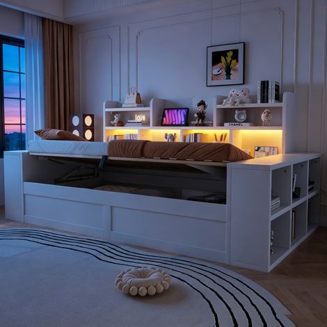 Canapé-lit 1 place 90x200 cm MDF et contreplaqué blanc rangement hydraulique à LED - CHICFURN (1/5)