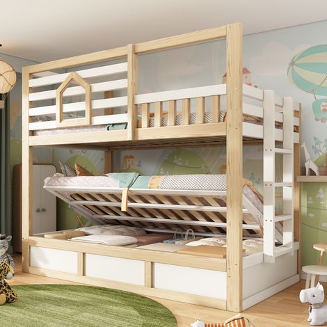 Lit superposé enfant 90/200 cm blanc et chêne en bois style cabane avec rangement hydraulique (1/5)