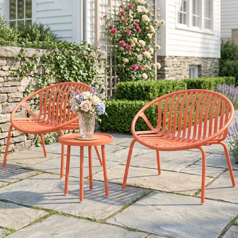Outsunny Ensemble Bistro de Jardin 3 Pièces 80x70x75cm - Table Basse à Plateau Concave, Acier & Polypropylène, Rouge Brique