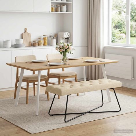 Banc capitonné à boutons en tissu crème, cadre en bois, 110 x 40 x 46 cm - PANGIVO (1/5)