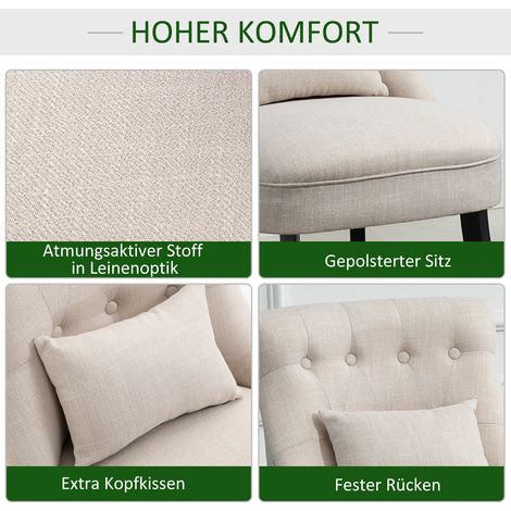 Ein gepolsterter Sessel mit Rückenkissen, zum Lesen und Entspannen geeignet, bezogen mit einem Stoff in Leinenoptik, 52,5 x 69 x 77 cm, cremeweiß. (1/5)