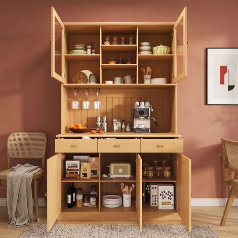 Buffet haut de salle à manger 120×40×191 cm, avec portes vitrées, porte-verres, plusieurs niveaux de rangement, prise électrique intégrée et ports USB-C et USB-A, coloris naturel (1/5)