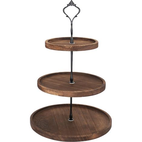 Alzata per torte a tre livelli in legno con manico in metallo, supporto per cupcake, alzata per torte, vassoio per torte a forma di torre, espositore per frutta e biscotti per matrimoni e compleanni (1/4)