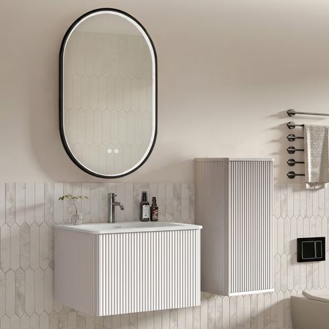 Mobile bagno sospeso 60 cm con lavabo, specchio LED antiappannamento e armadietto laterale DESVIAE (1/5)