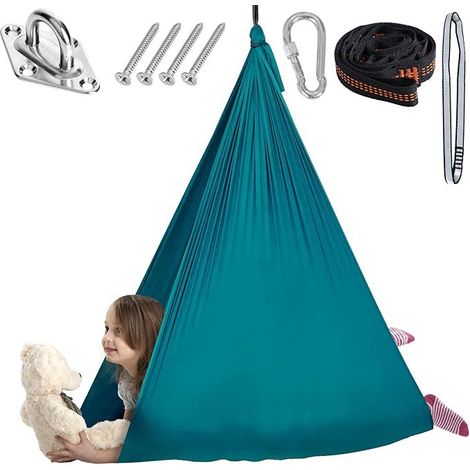 Vert foncé 280&150 cm Hamac élastique pour enfants, suspension d'intérieur, yoga pour adultes, chaise suspendue d'extérieur élargie, balançoire de patio, entraînement à l'intégration sensorielle. (1/5)