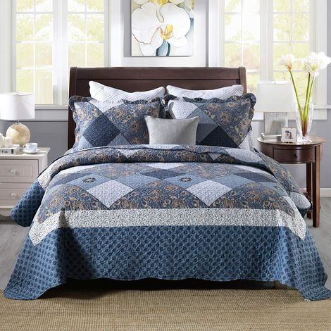 Qucover Couvre Lit Couverture Courtepointe Patchwork, Boutis Matelassé en Microfibre, Dessus de Lits en Motif Carreaux Couleur (Bleu, 220x240cm) (1/5)